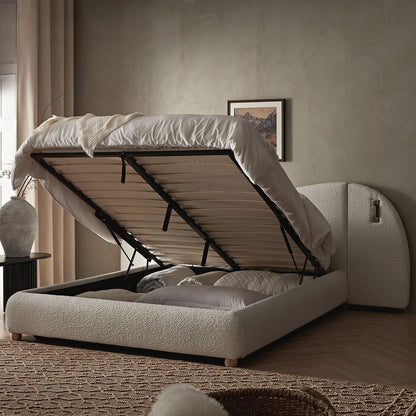 Egerie Extended Headboard Ottoman Bed with Storage, Beige Boucle