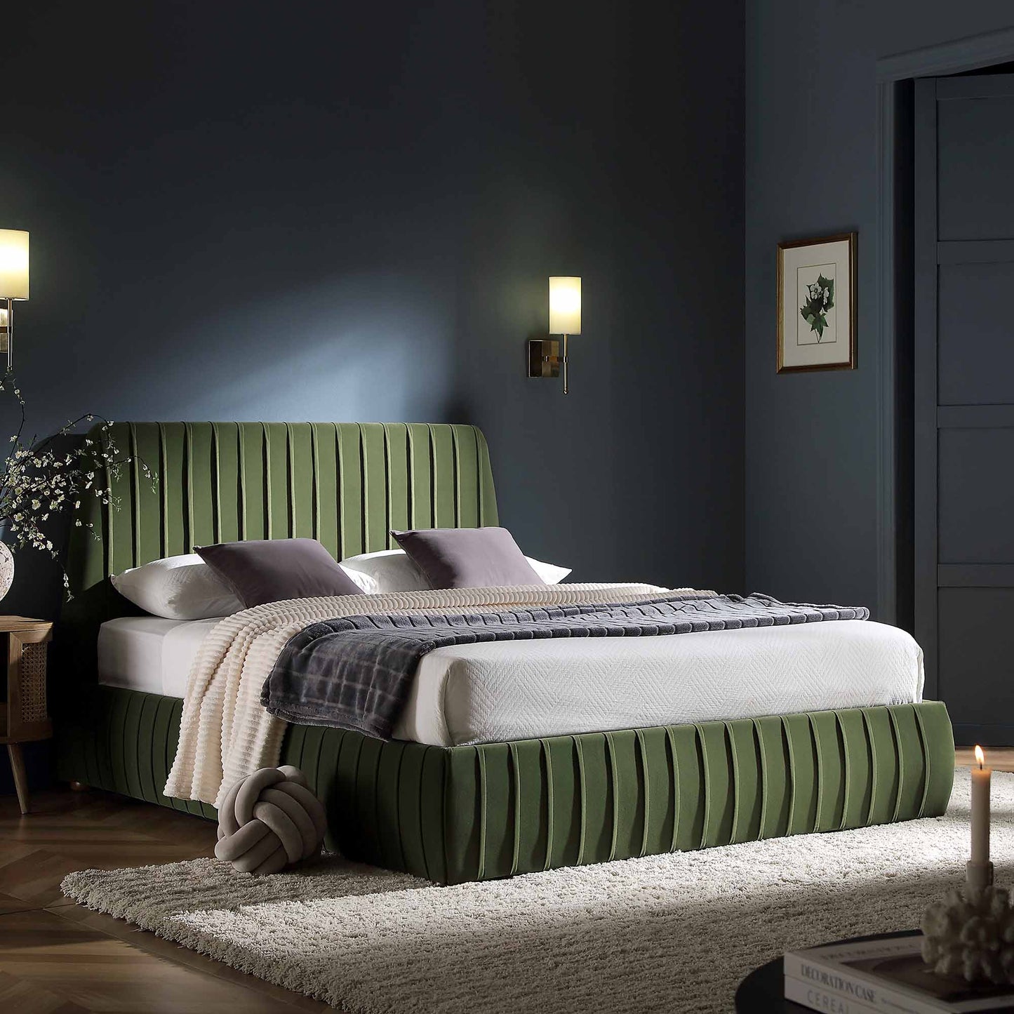 Helia Pleated Ottoman Bed with Storage, Moss Green Velvet
