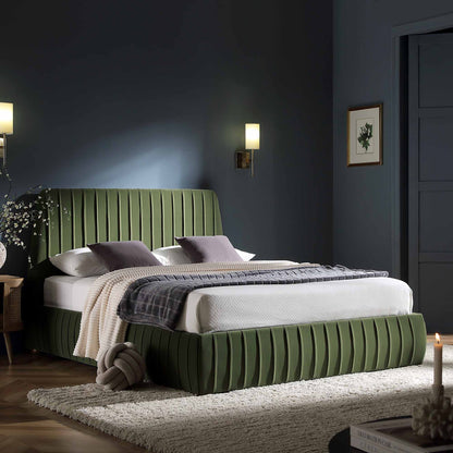 Helia Pleated Ottoman Bed with Storage, Moss Green Velvet