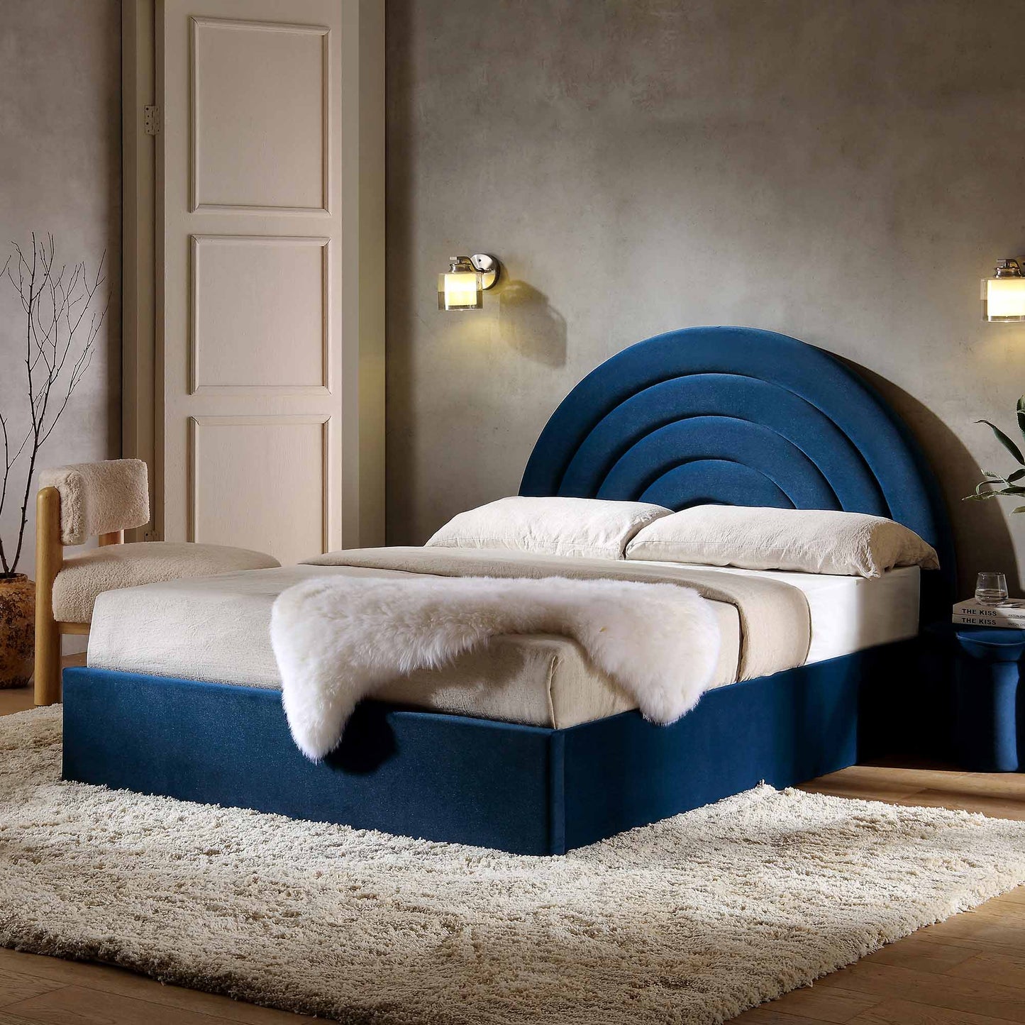Archer Navy Blue Velvet Ottoman Bed with Storage
