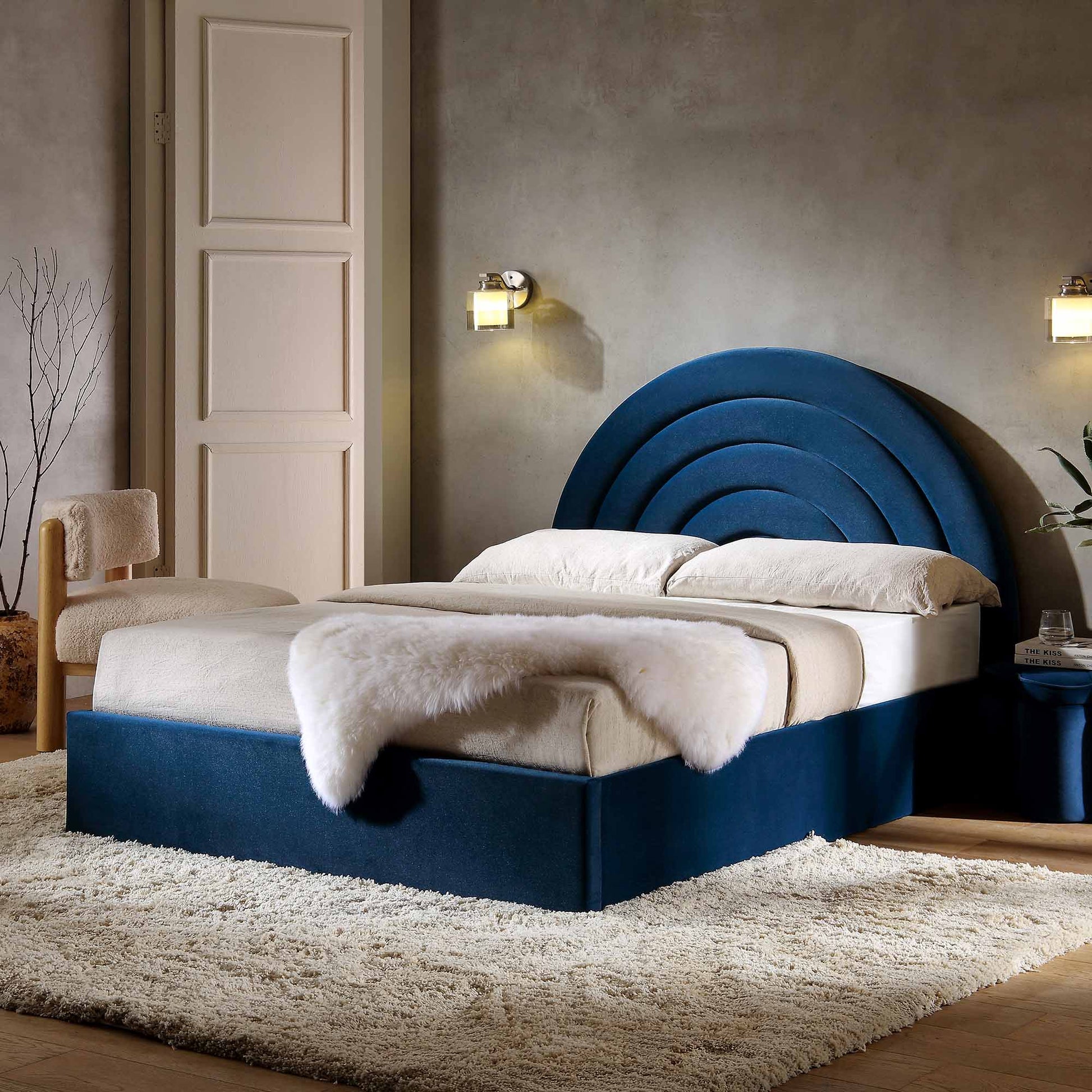 Archer Navy Blue Velvet Ottoman Bed with Storage