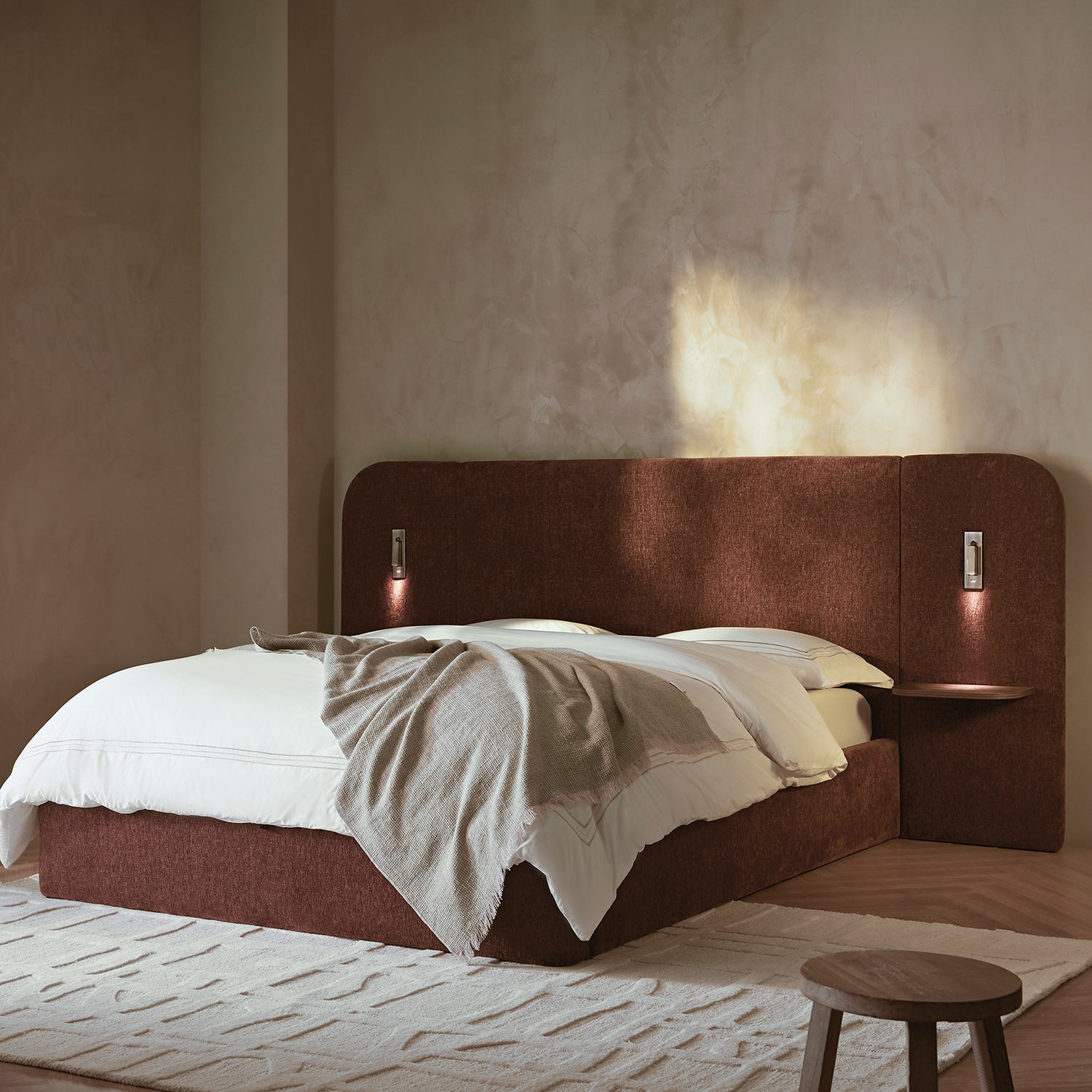 Della Extended Headboard Bed with Storage, Burnt Brick Chenille