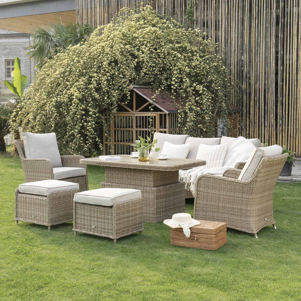 Hampshire 7-Seater Round Wicker Rattan Outdoor Sofa Set with Rising Table, Natural