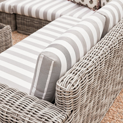 Bellagio Round Wicker Large Corner Casual Dining Set with Rising Table, Light Grey with Taupe Stripes