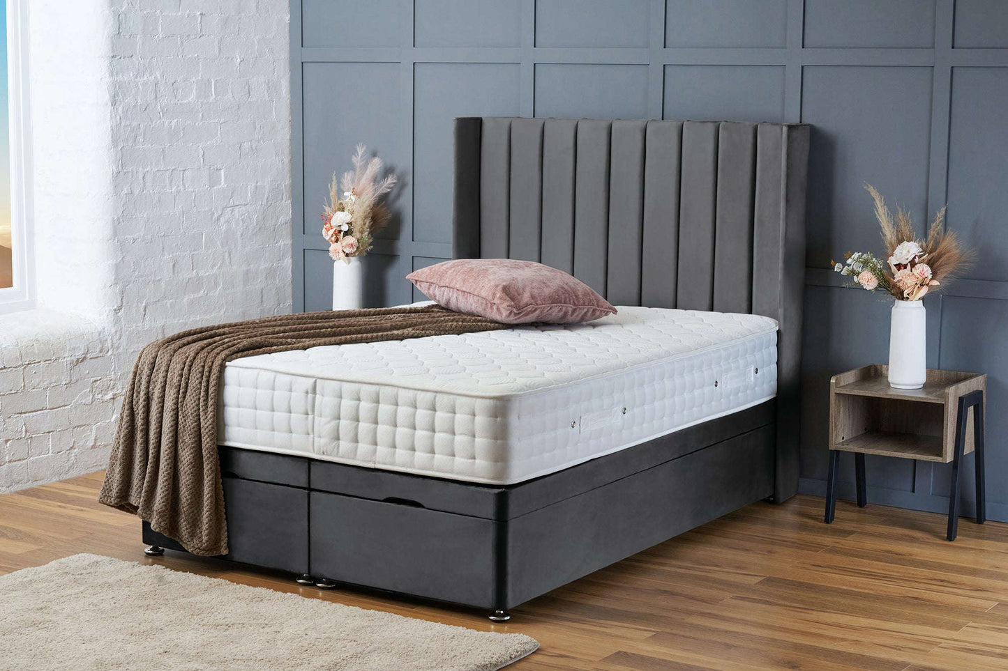 Hannah Ottoman Divan Bed with 54 Inch Headboard – Extra Deep Storage – Grey Plush