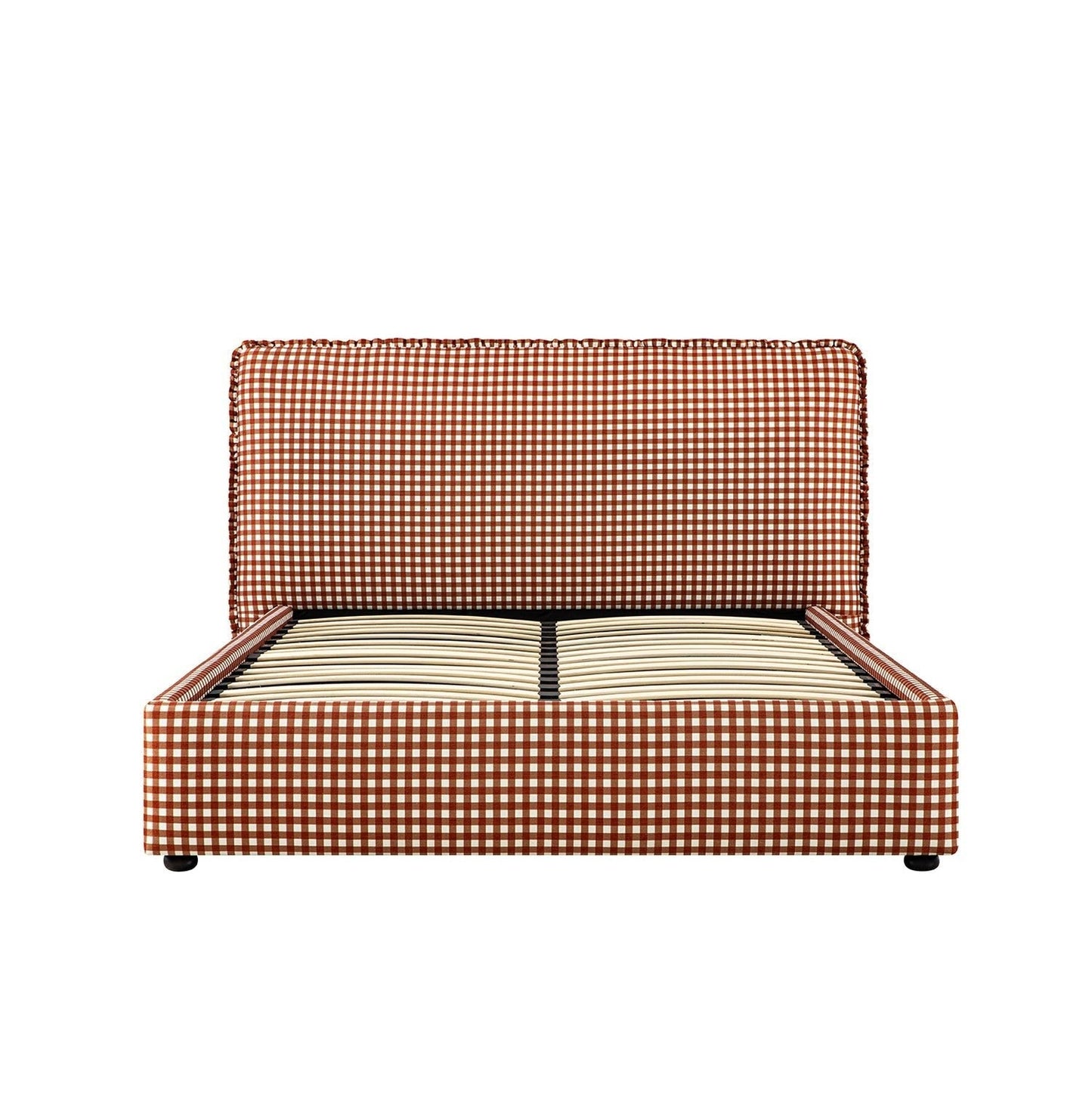 Celeste Upholstered Bed with Storage with Ruffled Headboard, Brick Gingham