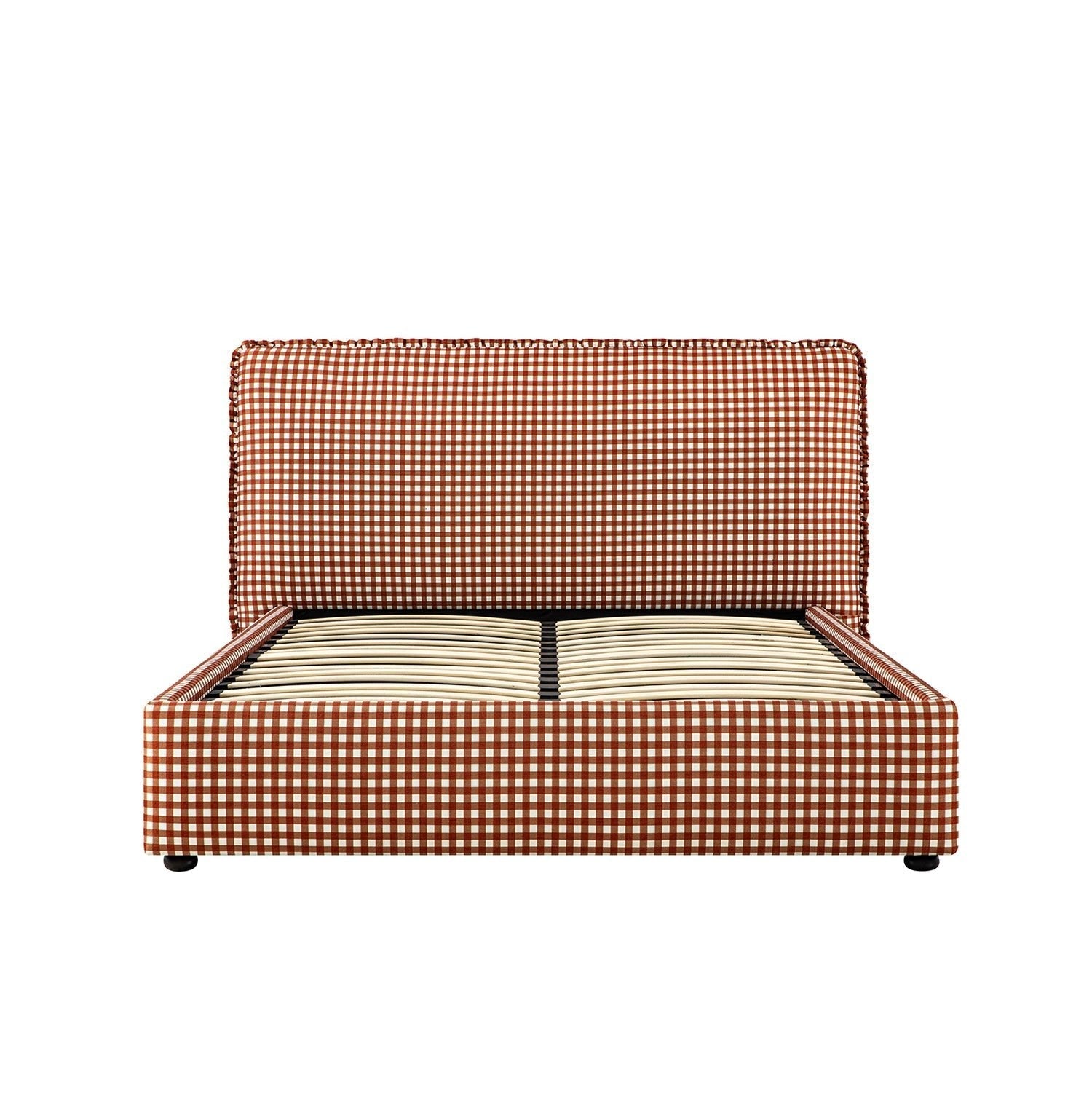 Celeste Upholstered Bed with Storage with Ruffled Headboard, Brick Gingham