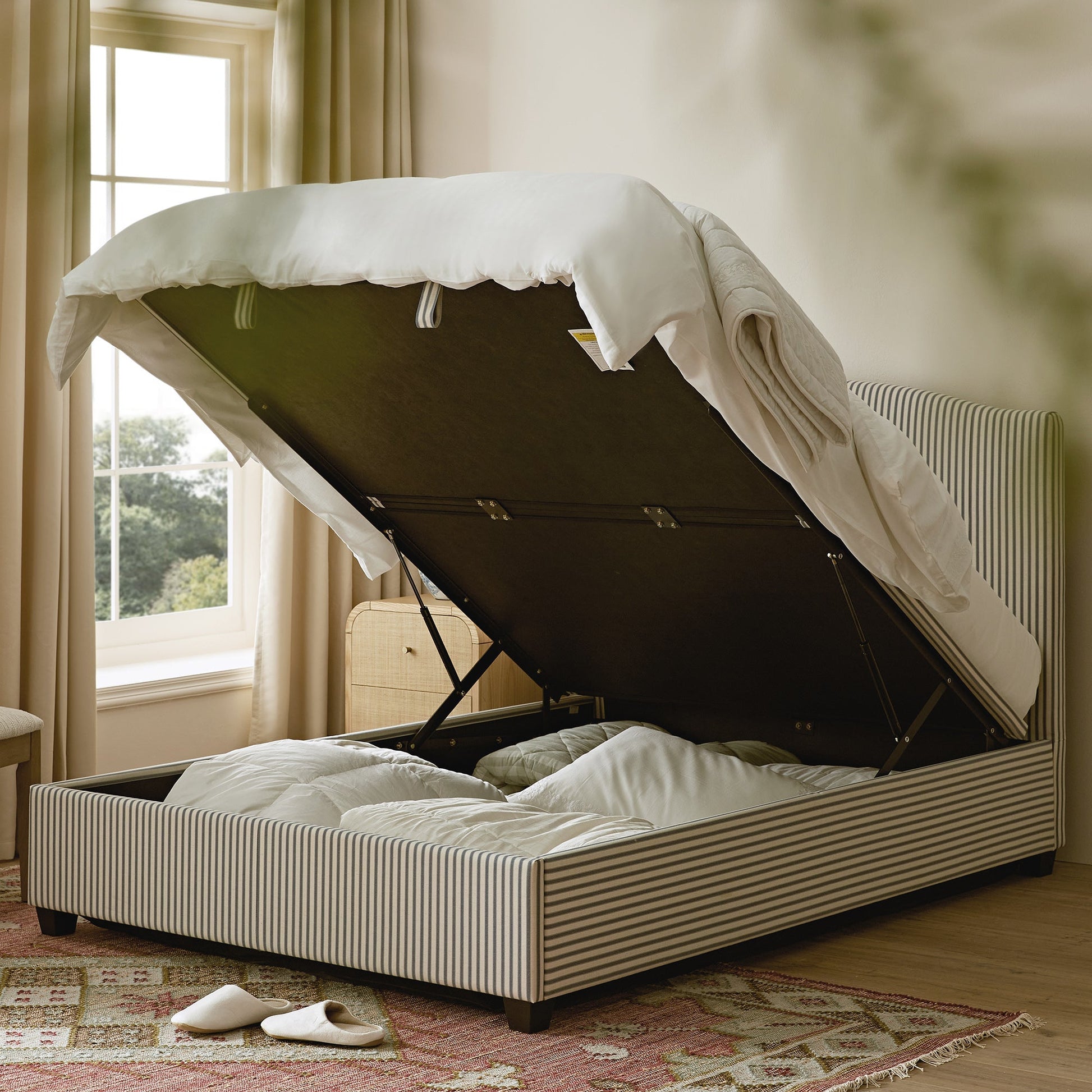 Chilworth Upholstered Ottoman Bed with Storage, Blue Stripe Linen Blend