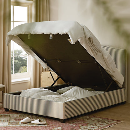Chilworth Upholstered Ottoman Bed with Storage, Blue Stripe Linen Blend
