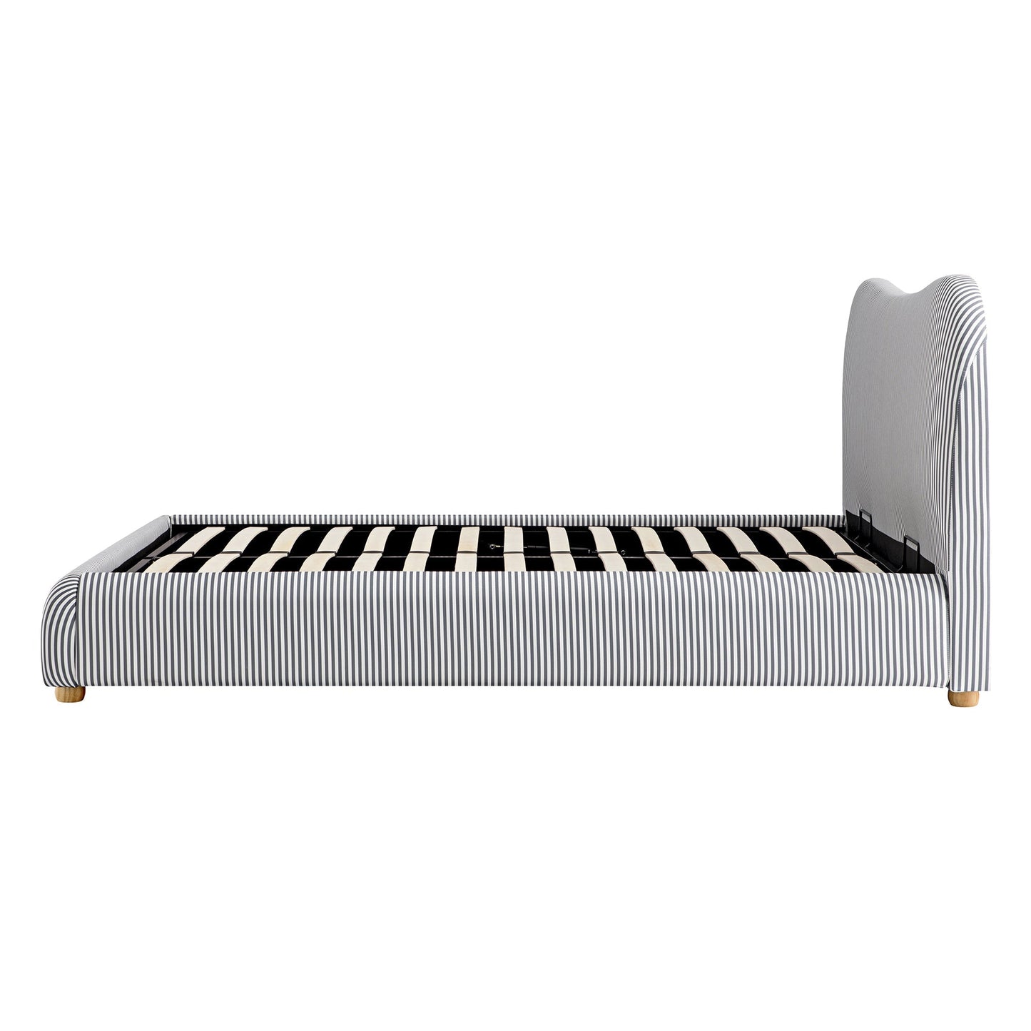 Egerie Curved Headboard Slate Blue Striped Fabric Ottoman Bed with Storage