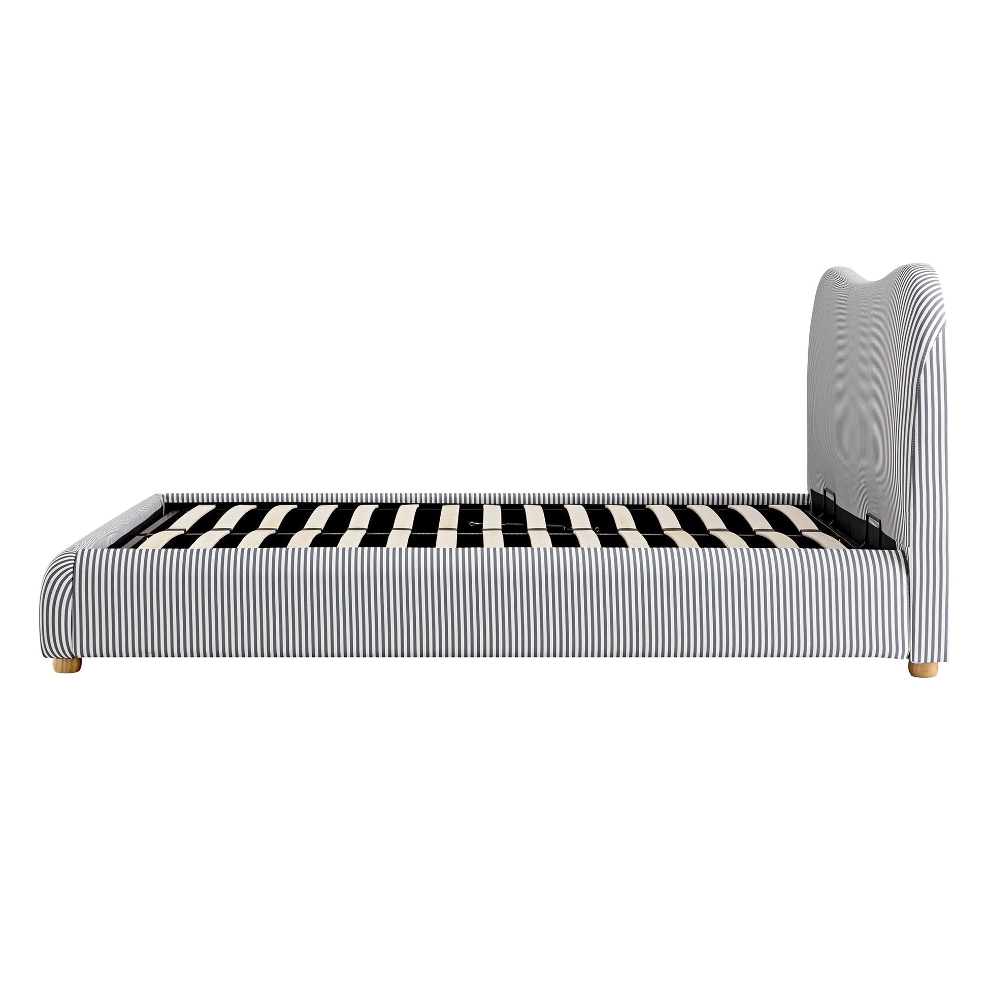 Egerie Curved Headboard Slate Blue Striped Fabric Ottoman Bed with Storage