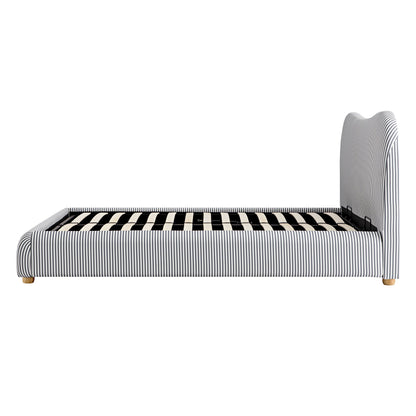 Egerie Curved Headboard Slate Blue Striped Fabric Ottoman Bed with Storage