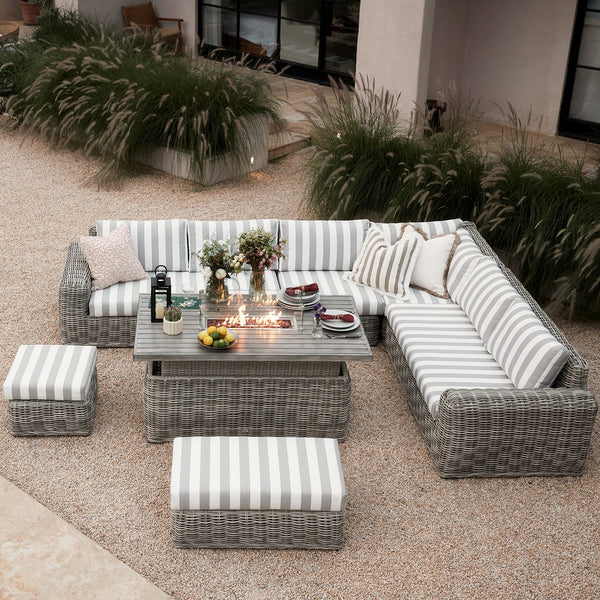 Bellagio Round Wicker Large Corner Casual Dining Set with Rising Firepit Table, Light Grey with Taupe Stripes