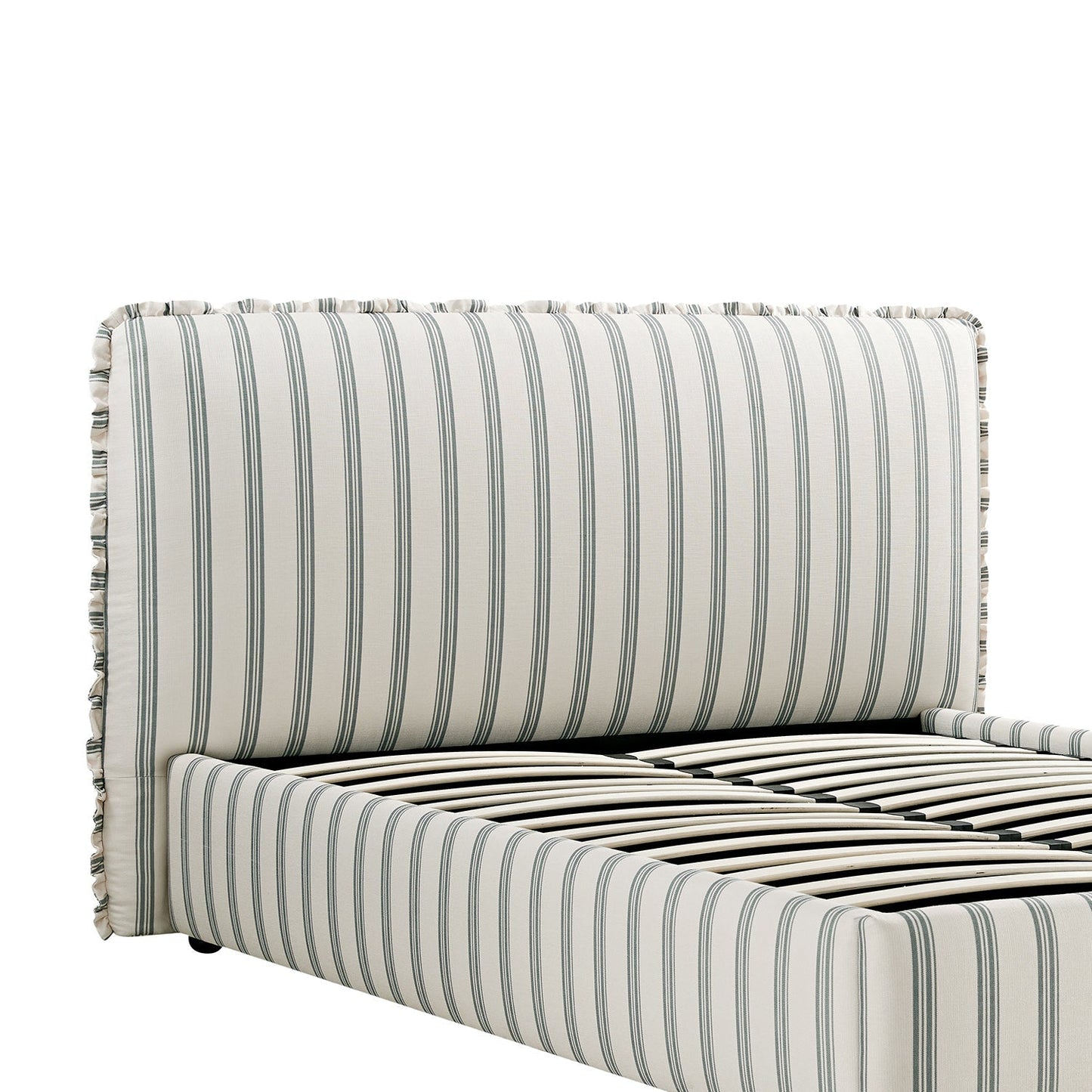 Celeste Upholstered Bed with Storage with Ruffled Headboard, Laurel Green Stripe