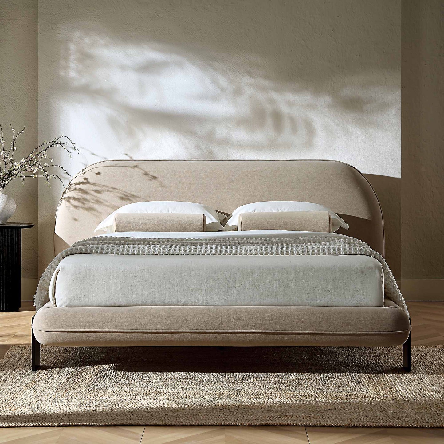Elystan Oval Headboard Upholstered Bed, Warm Beige Fabric