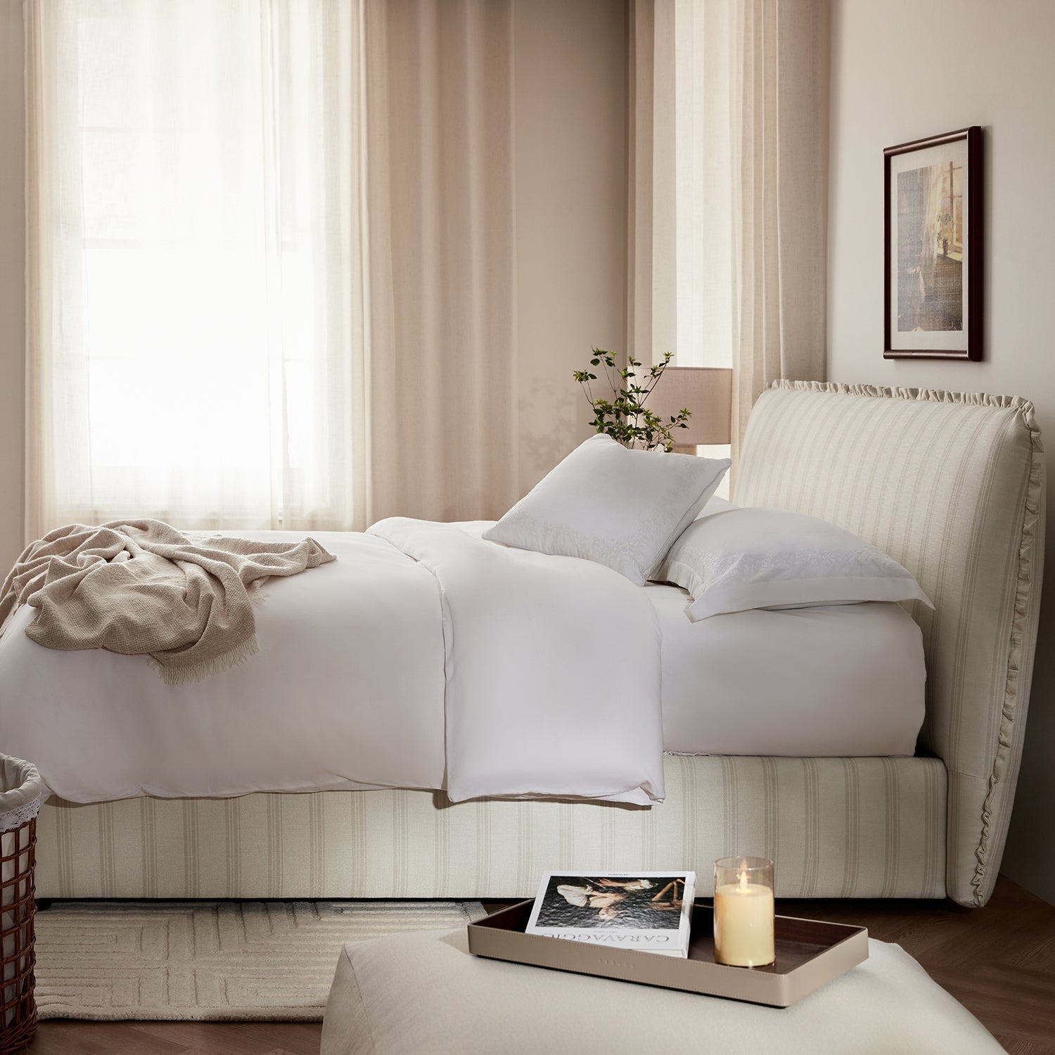 Celeste Upholstered Bed with Storage with Ruffled Headboard, Seashell Stripe