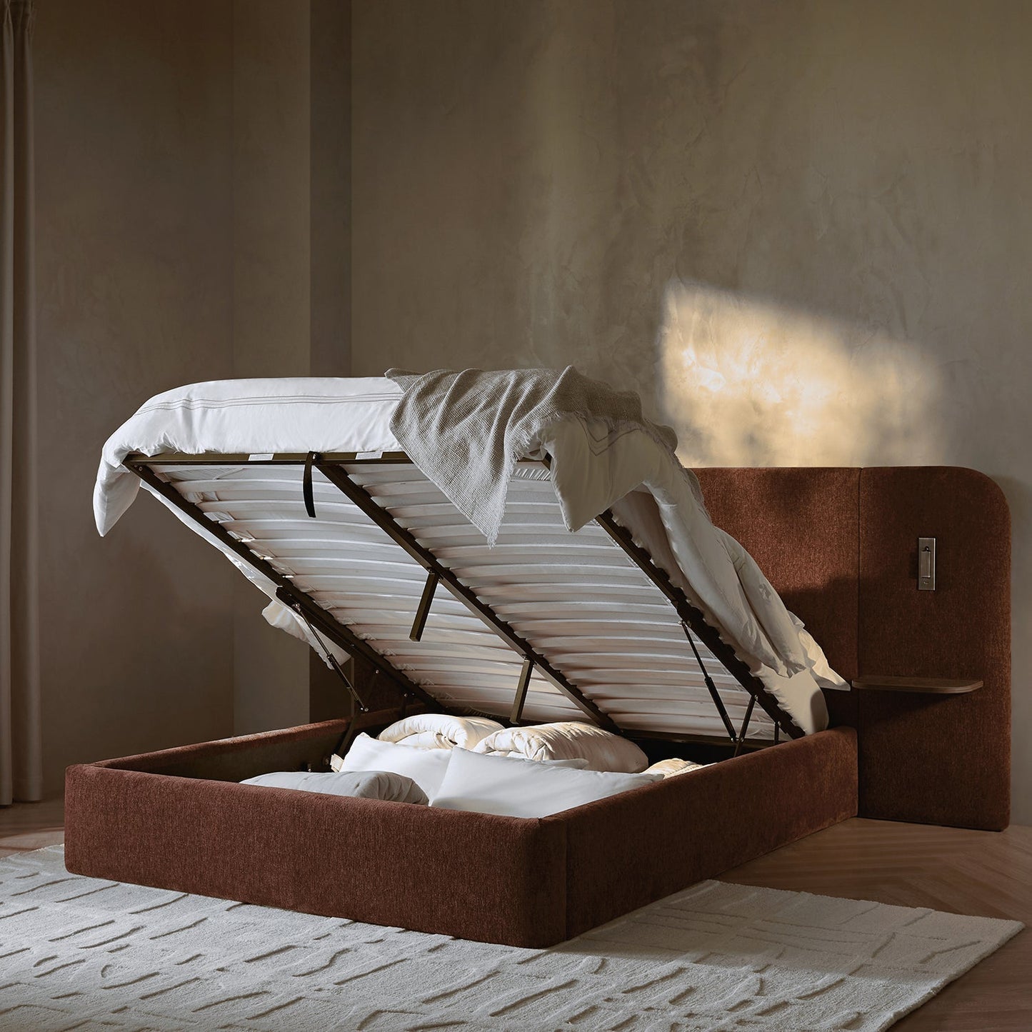 Della Extended Headboard Bed with Storage, Burnt Brick Chenille