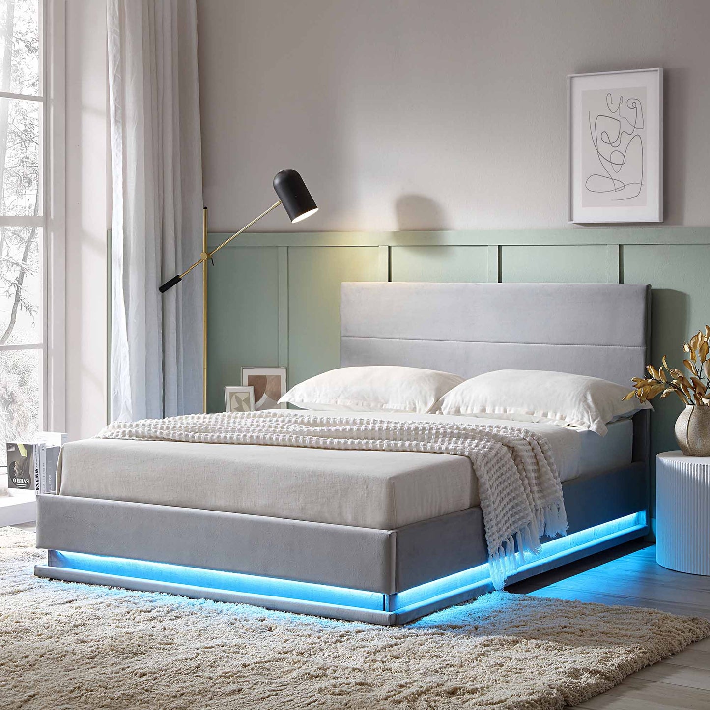 Buxton End Opening Ottoman Bed with Storage Frame with Multi-colour LED Light Strip (Light Grey Velvet)