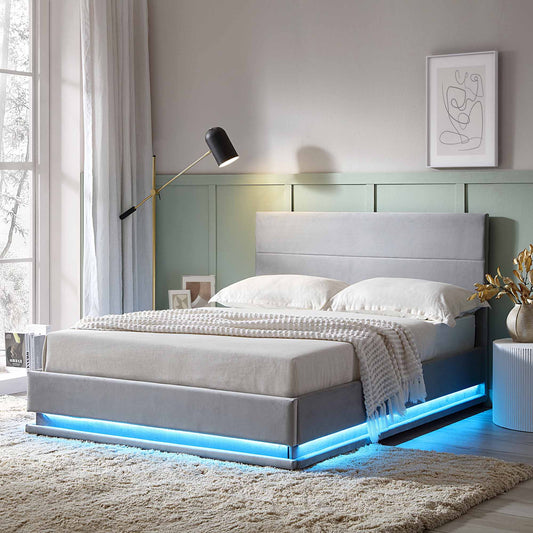 Buxton End Opening Ottoman Bed with Storage Frame with Multi-colour LED Light Strip (Light Grey Velvet)