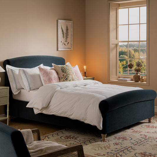 Porchester Ottoman Bed with Storage, Sleigh, Aegean Blue Velvet