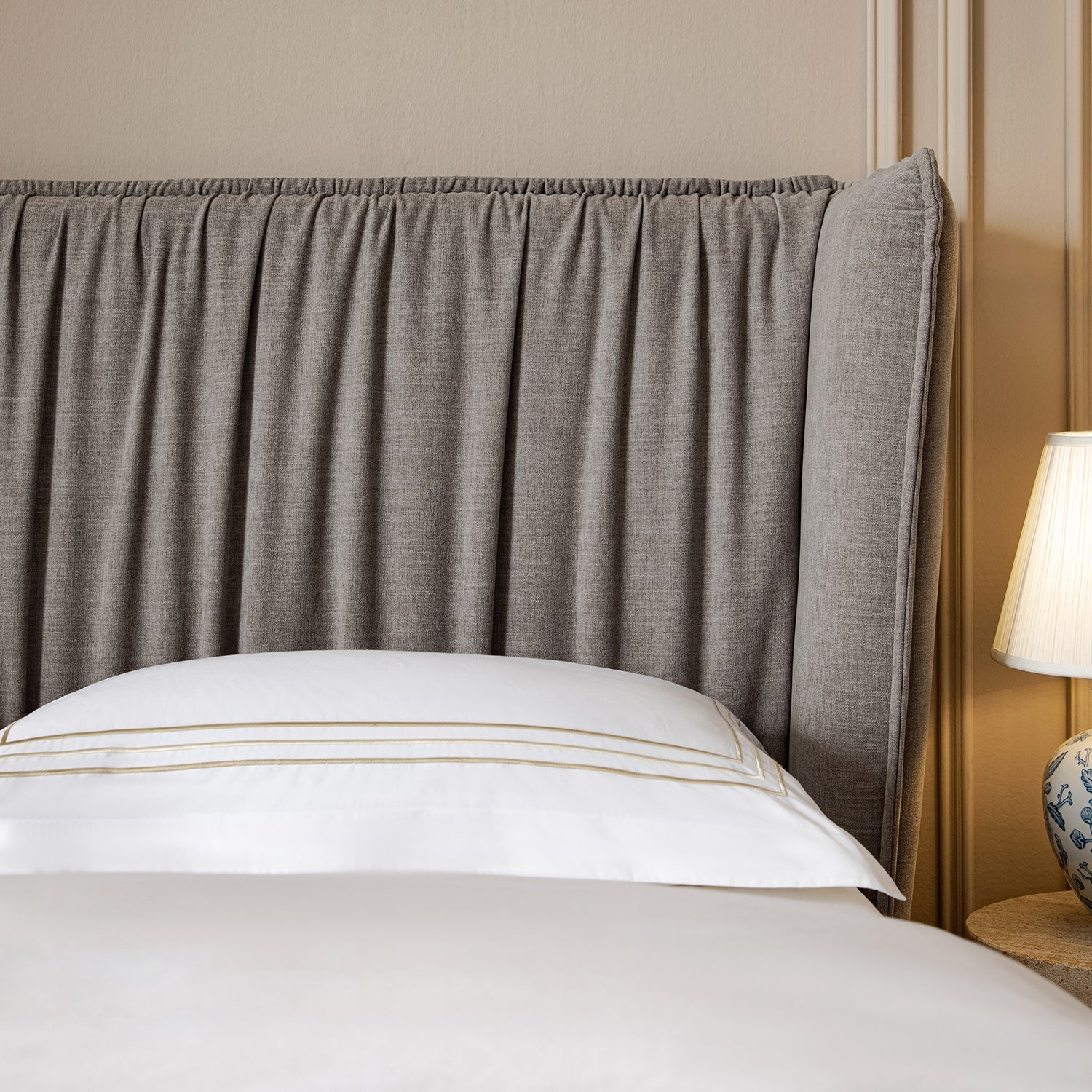 Astrid Ruched Wingback Bed, Soft Grey Chenille