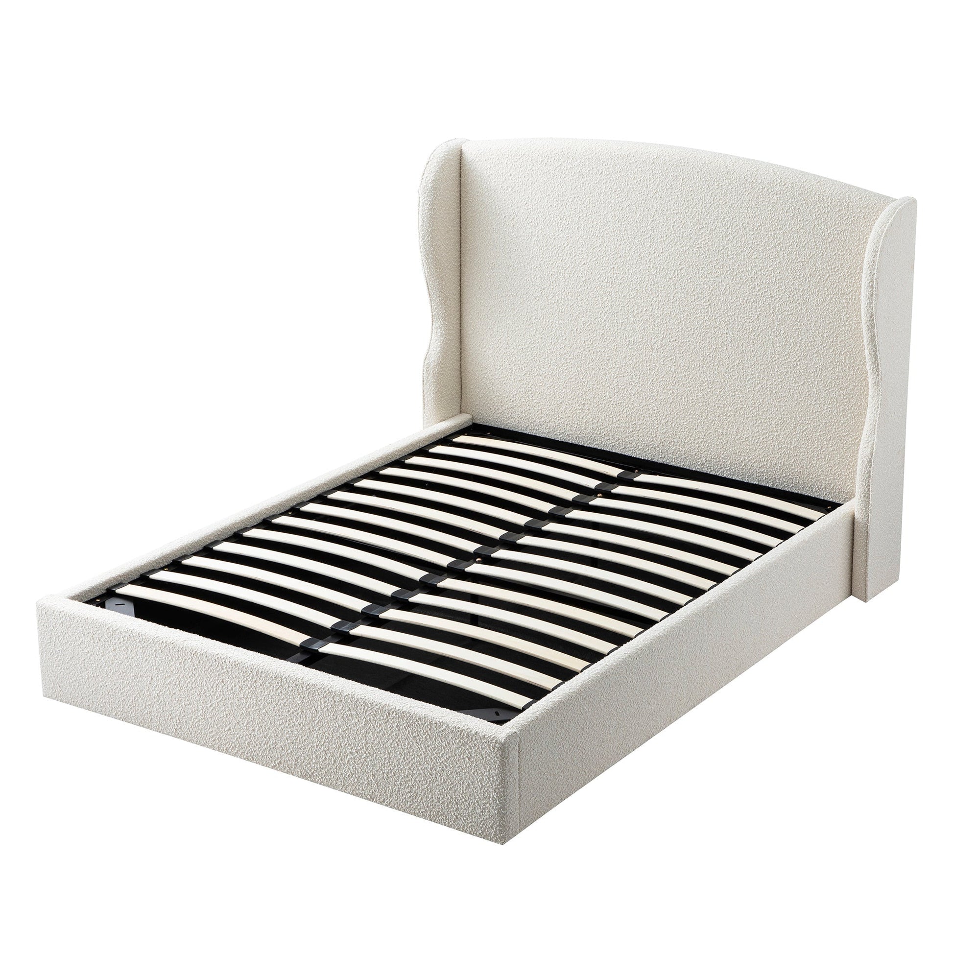 Kimberly Winged Upholstered Bed with Storage, Ecru Boucle