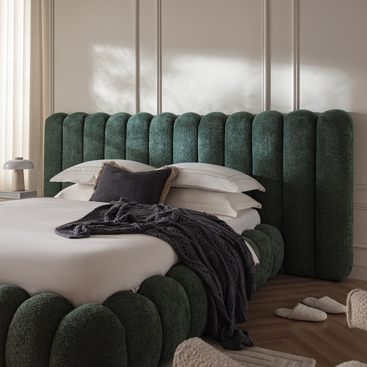 Sebastian Grand Bed with Storage, Forest Green Teddy Bouclé