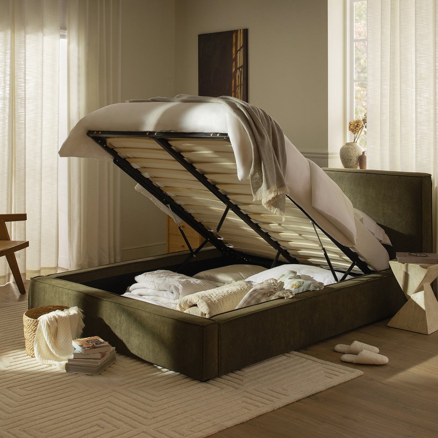 Claudine Ottoman Bed with Storage, Moss Green Corduroy