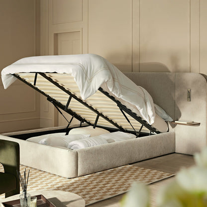 Della Extended Headboard Bed with Storage, Soft Beige Chenille