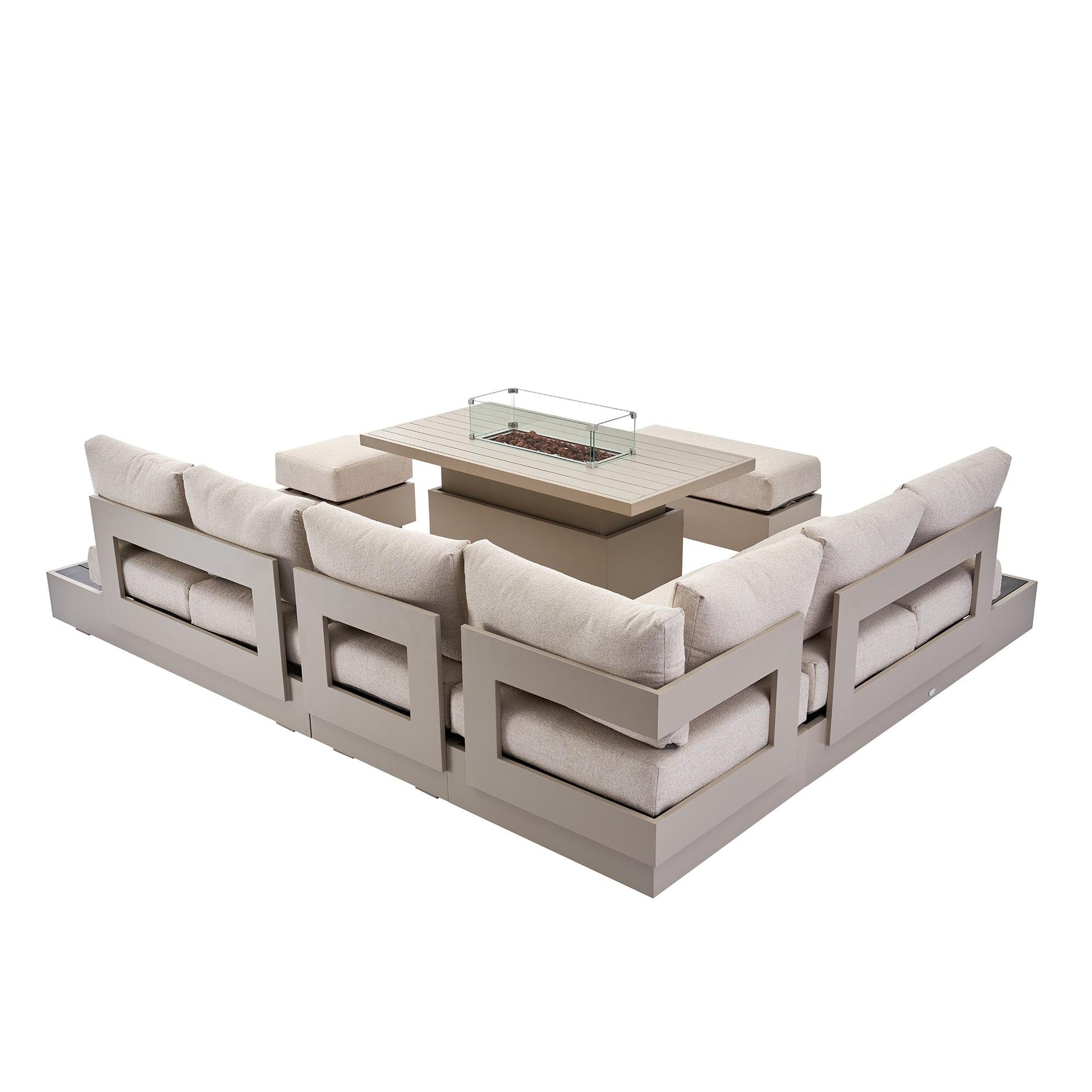 Jardin Aluminium Large Corner Casual Garden Dining Set with Rising Firepit Table, Pumice