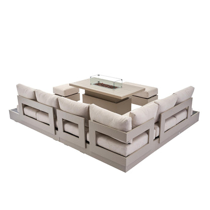 Jardin Aluminium Large Corner Casual Garden Dining Set with Rising Firepit Table, Pumice
