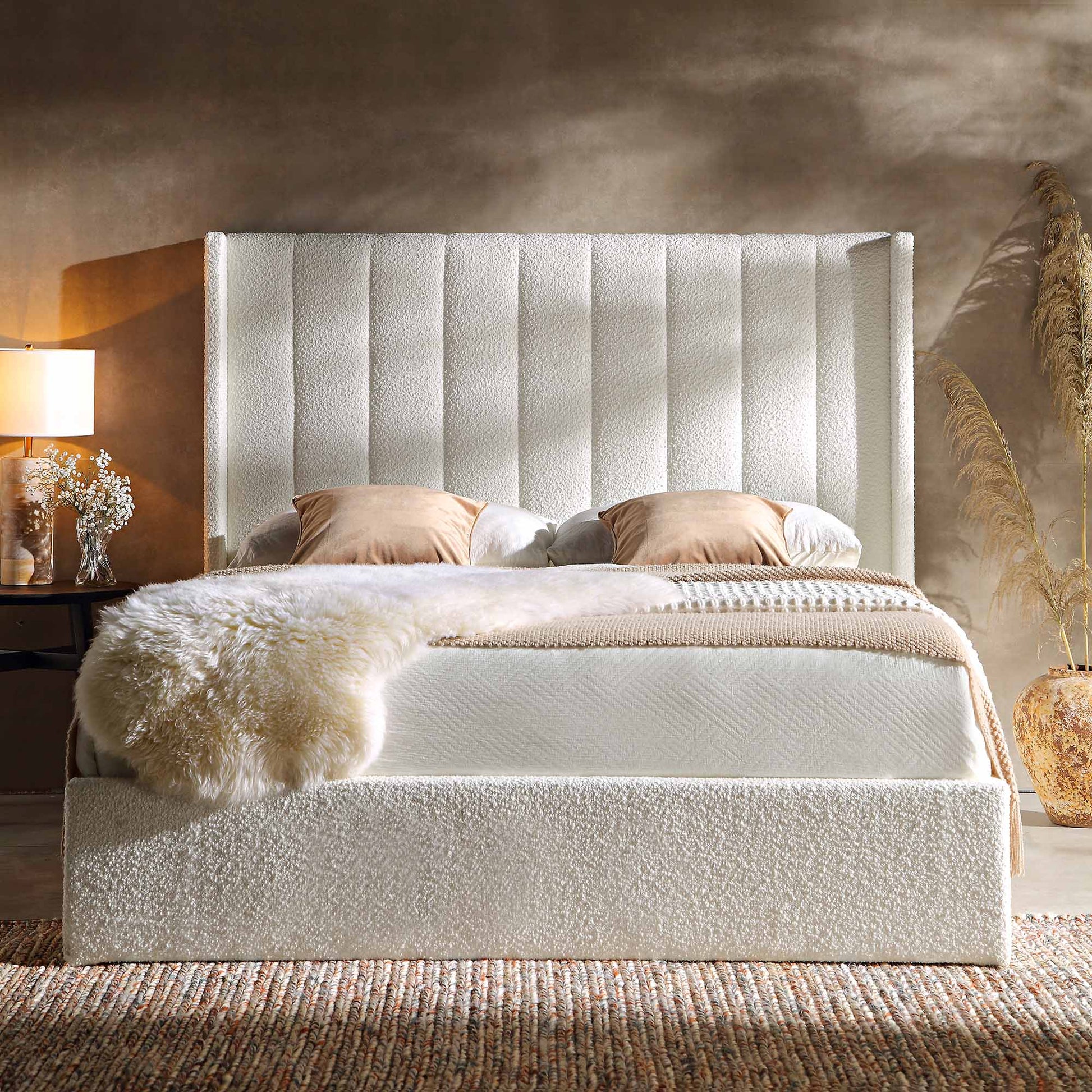 Wilton White Boucle Ottoman Bed with Storage