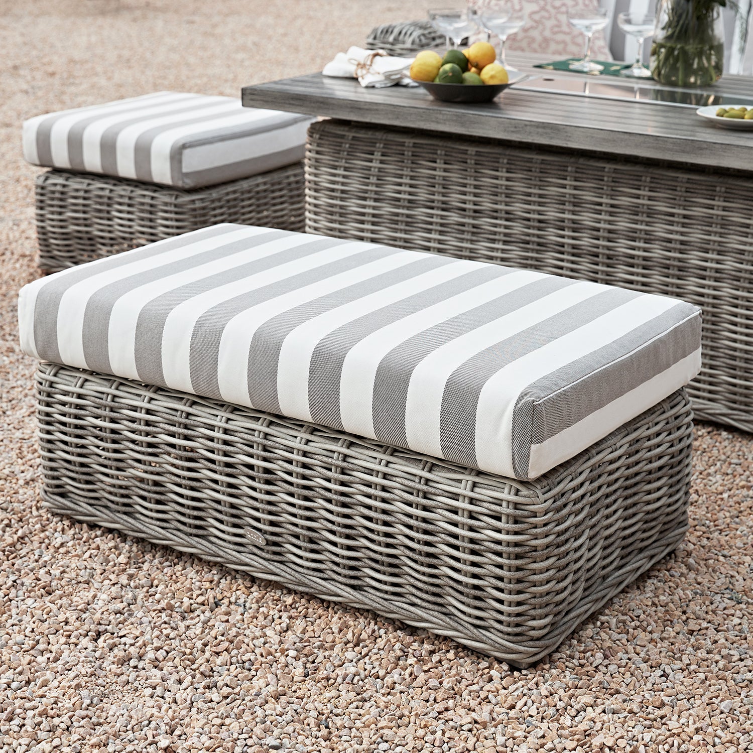 Bellagio Round Wicker Large Corner Casual Dining Set with Rising Firepit Table, Light Grey with Taupe Stripes