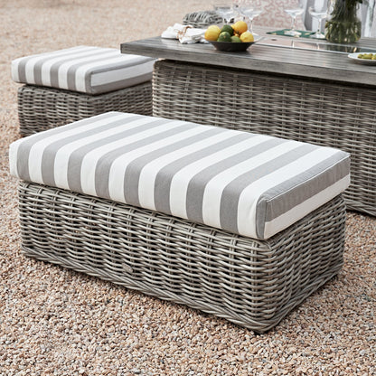 Bellagio Round Wicker Large Corner Casual Dining Set with Rising Firepit Table, Light Grey with Taupe Stripes