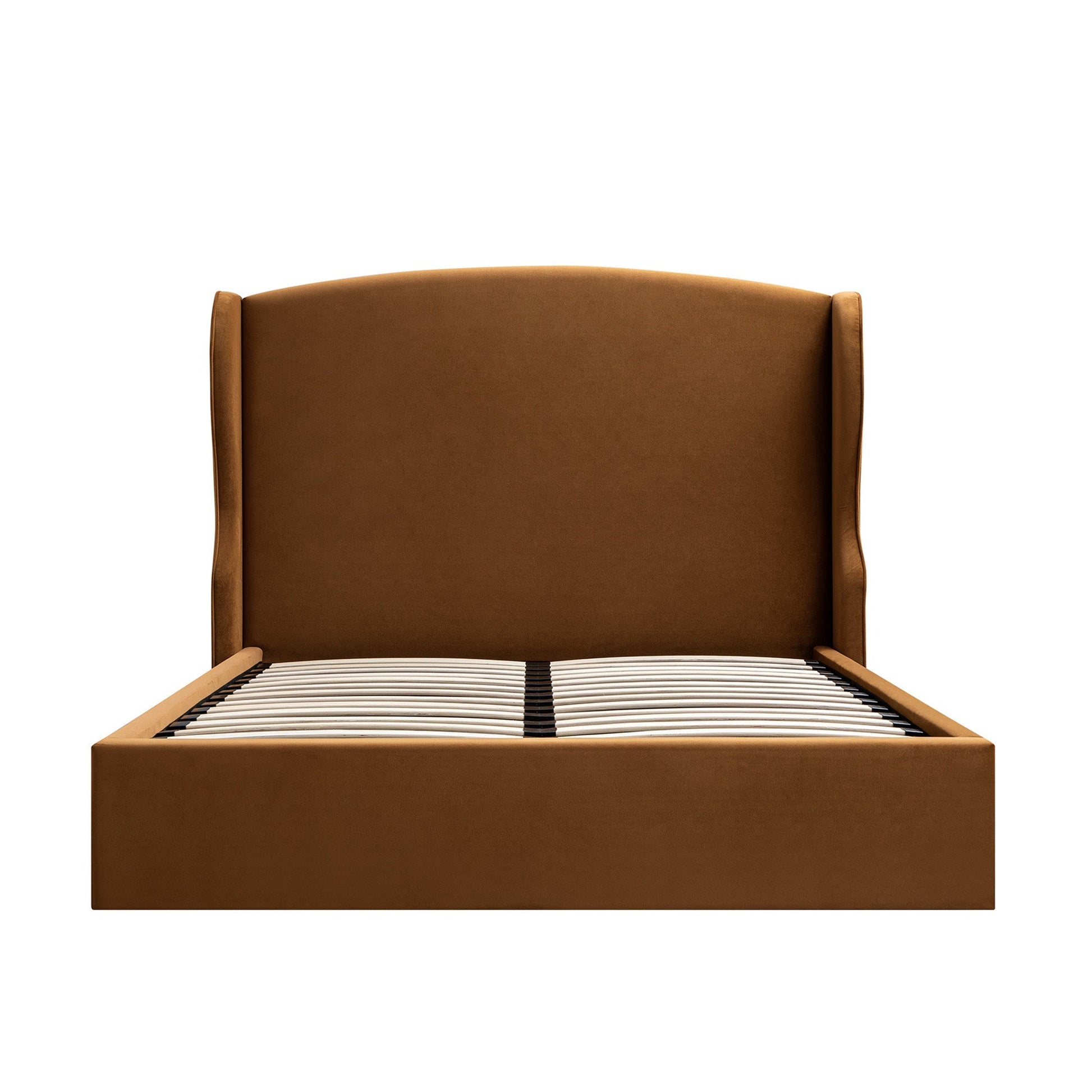 Kimberly Winged Upholstered Bed with Storage, Cinnamon Velvet