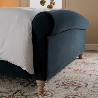 Porchester Ottoman Bed with Storage, Sleigh, Aegean Blue Velvet