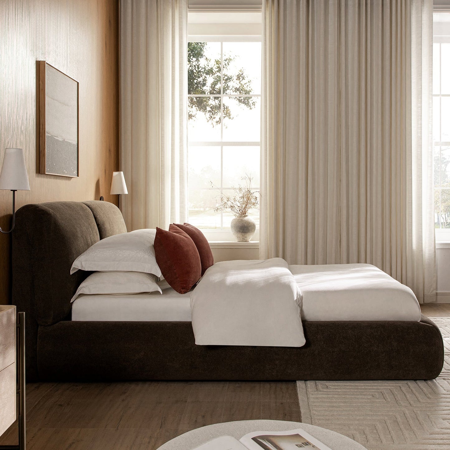 Thera Pillow Headboard Upholstered Bed, Cocoa Chenille