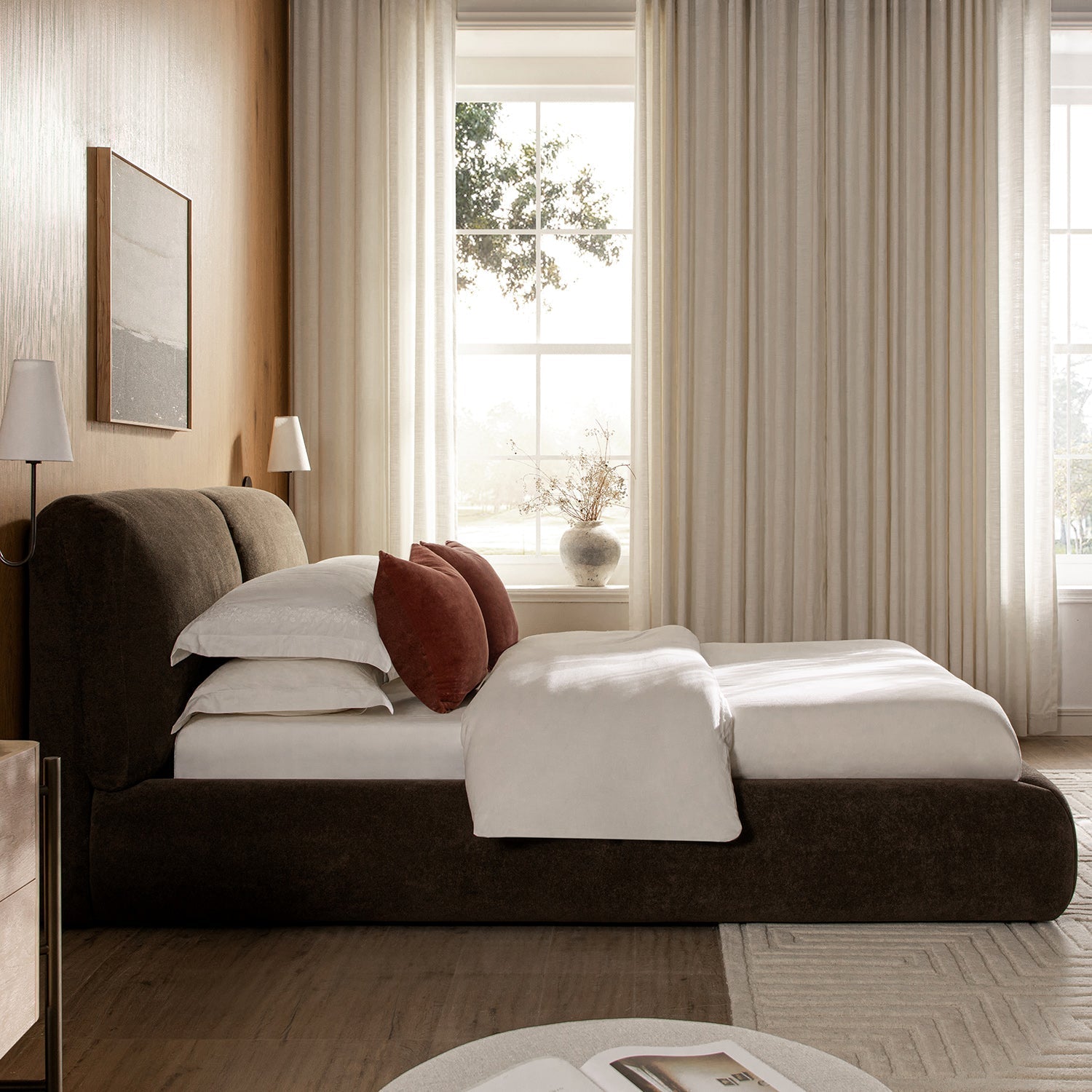 Thera Pillow Headboard Upholstered Bed, Cocoa Chenille