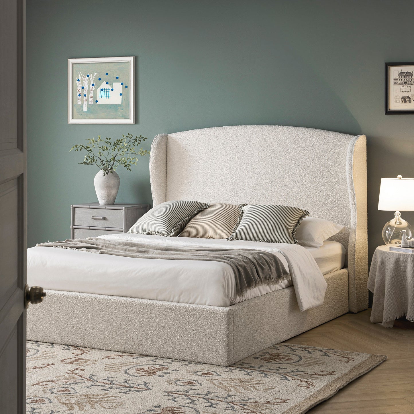 Kimberly Winged Upholstered Bed with Storage, Ecru Boucle