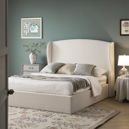 Kimberly Winged Upholstered Bed with Storage, Ecru Boucle