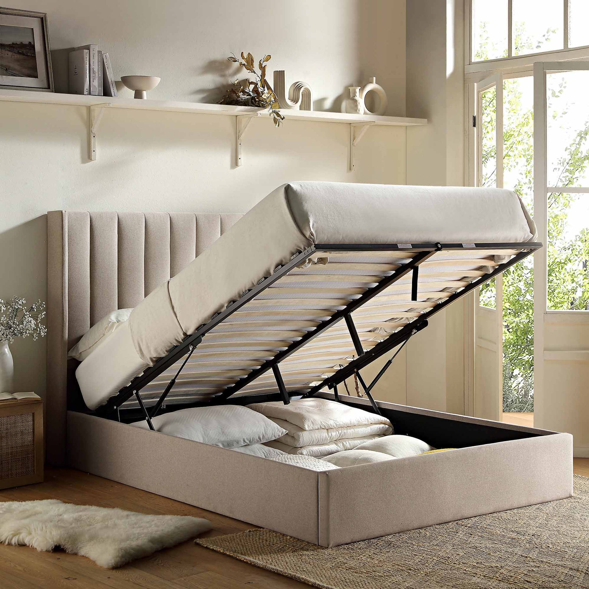 Wilton Warm Stone Fabric Ottoman Bed with Storage