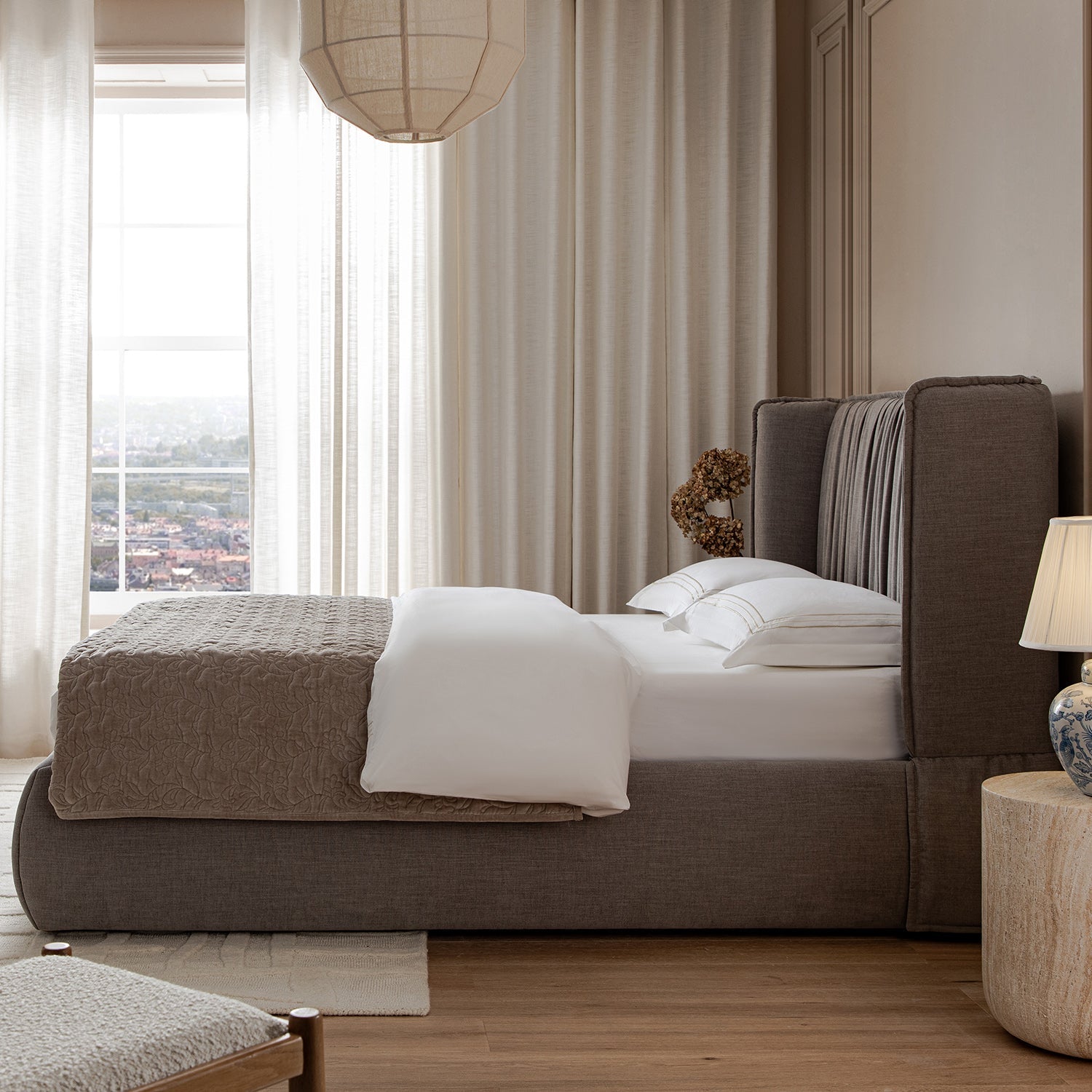 Astrid Ruched Wingback Bed, Soft Grey Chenille
