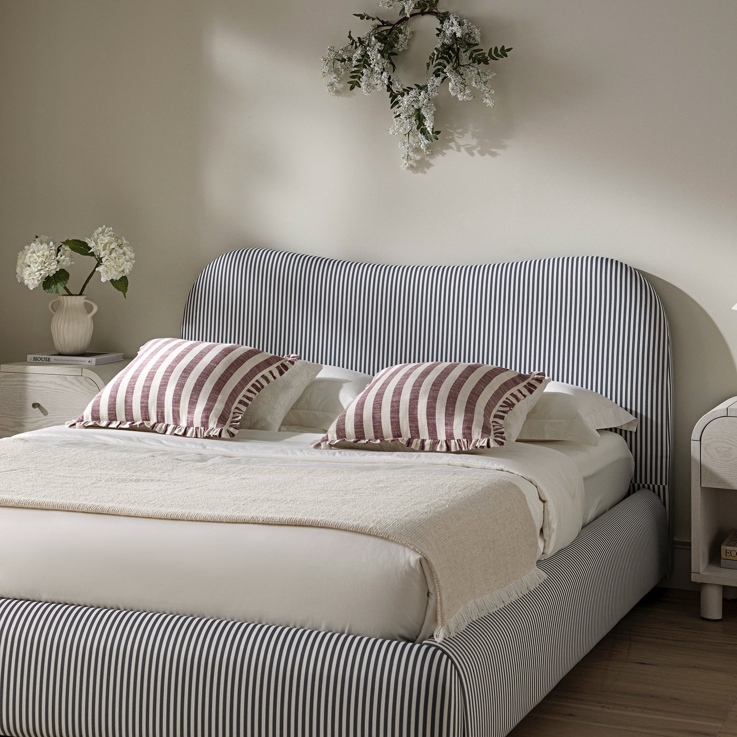 Egerie Curved Headboard Slate Blue Striped Fabric Ottoman Bed with Storage
