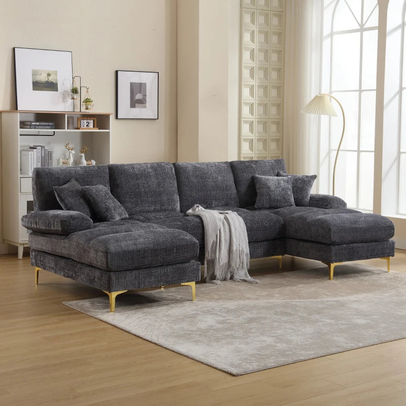 Grey U-Shaped Modular Sofa with Pillows, Double Chaise & Rubber Pads – Chenille Sectional for Living Room (272L x 136W x 88H cm)