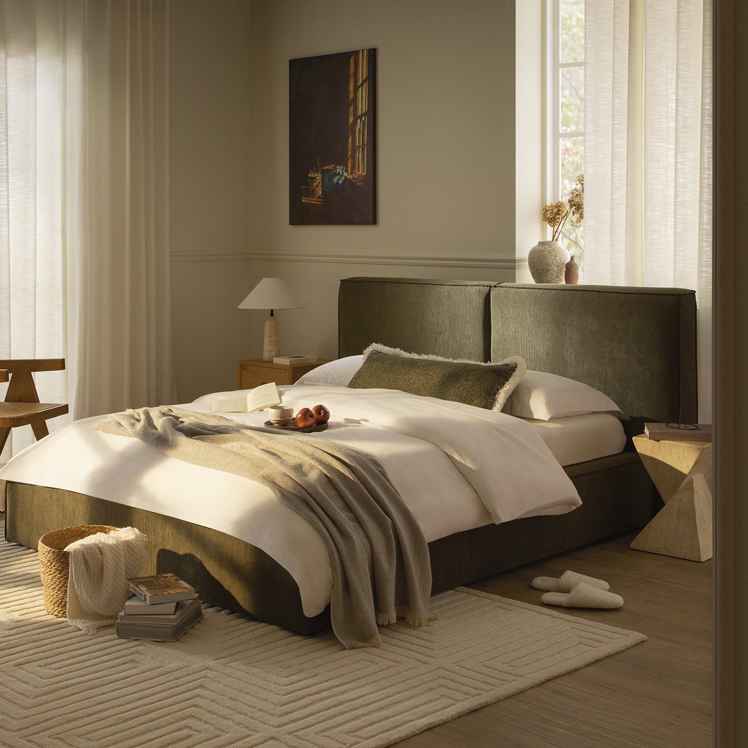 Claudine Ottoman Bed with Storage, Moss Green Corduroy