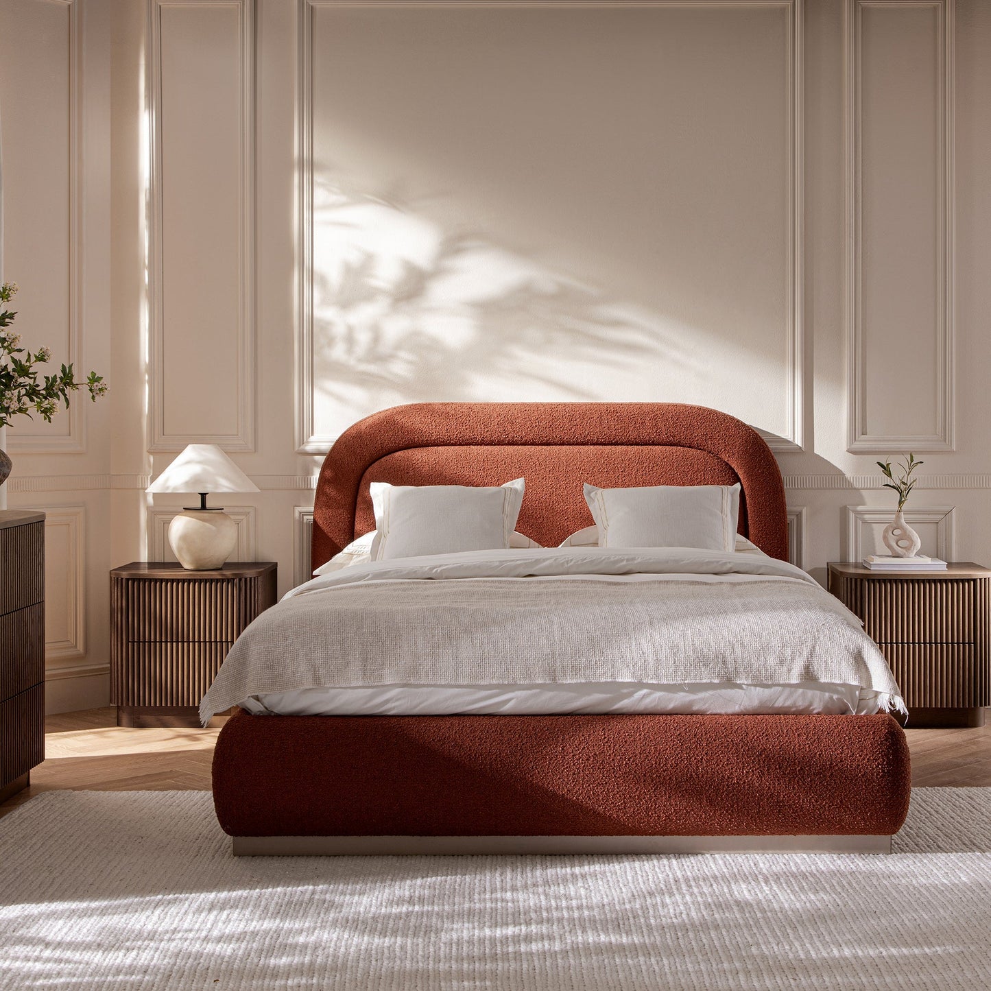 Luella Upholstered Wooden Plinth Base Bed with Storage, Rust Boucle