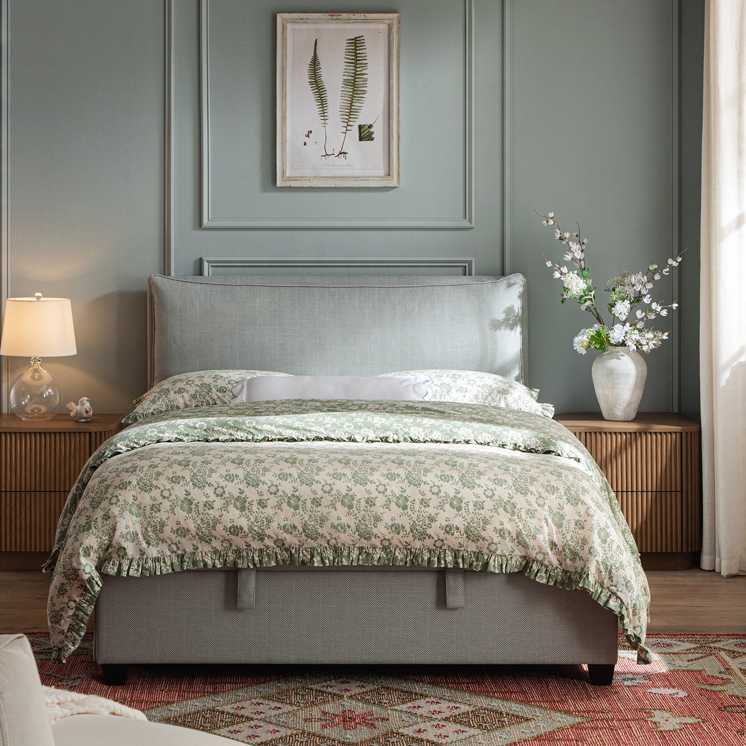 Kricia Upholstered Bed with Storage with Pillow Headboard, Slate Blue Chevron