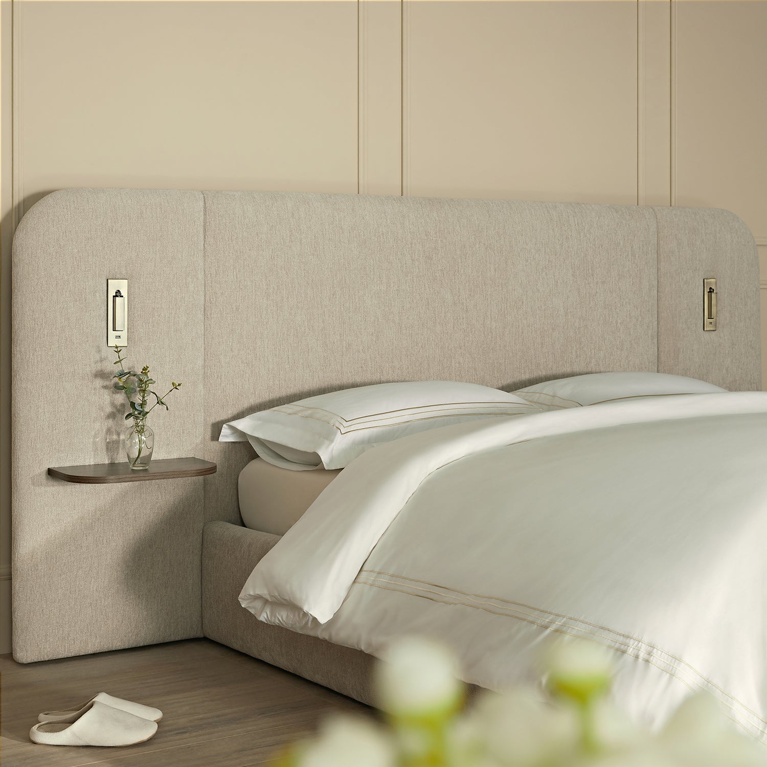 Della Extended Headboard Bed with Storage, Soft Beige Chenille