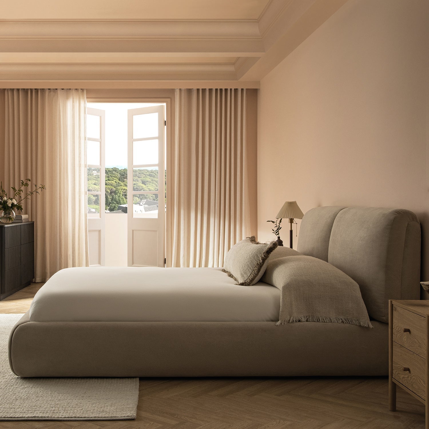 Thera Pillow Headboard Upholstered Bed, Fawn Chenille