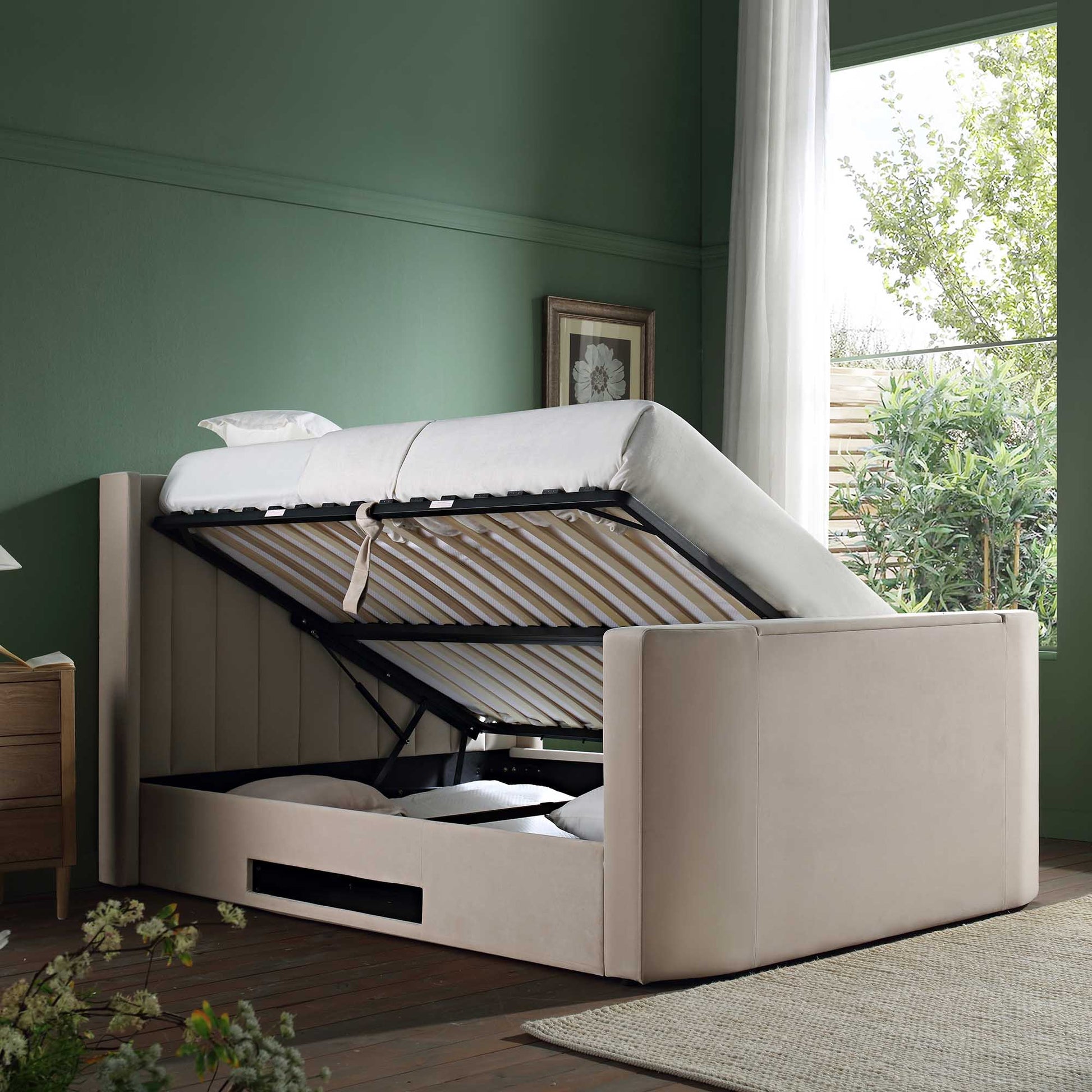 Wilton Champagne Velvet TV Bed with Ottoman Storage